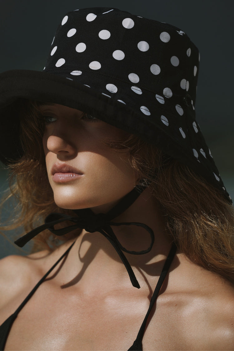 Black Reversible UPF 50+ Packable Polkadot Sun Hat