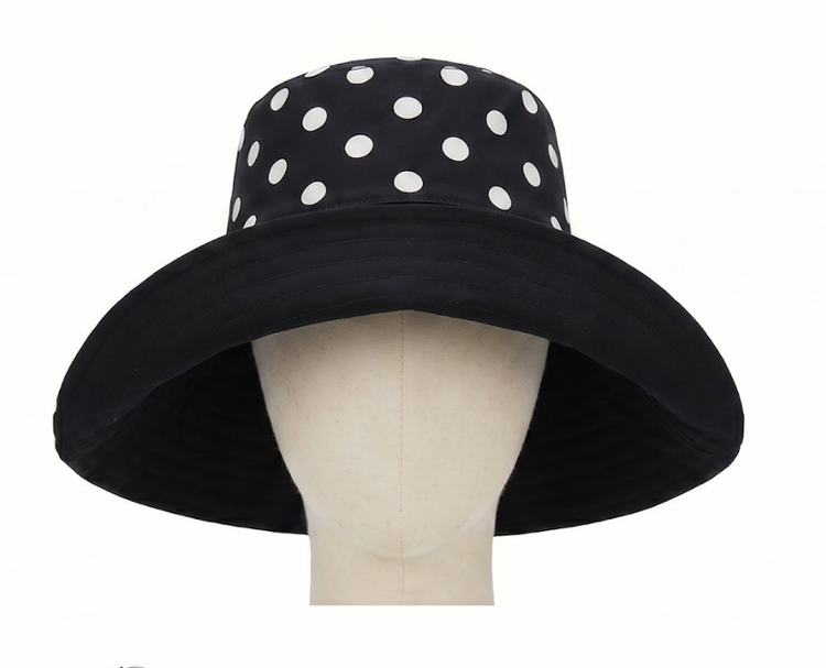Black Reversible UPF 50+ Packable Polkadot Sun Hat