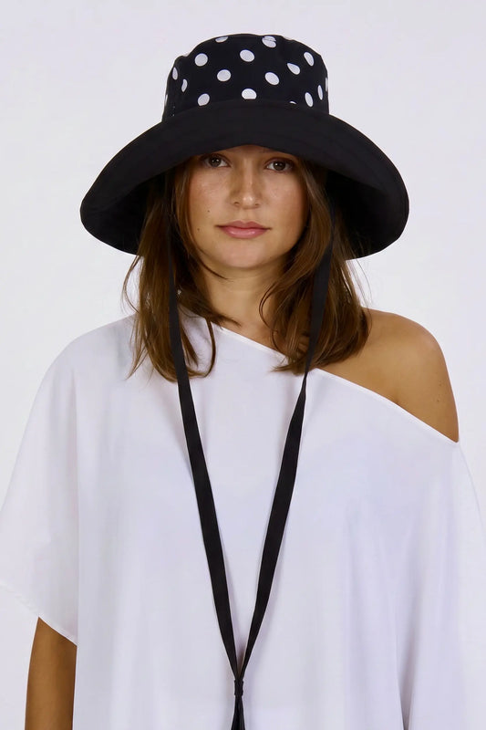 Black Reversible UPF 50+ Packable Polkadot Sun Hat