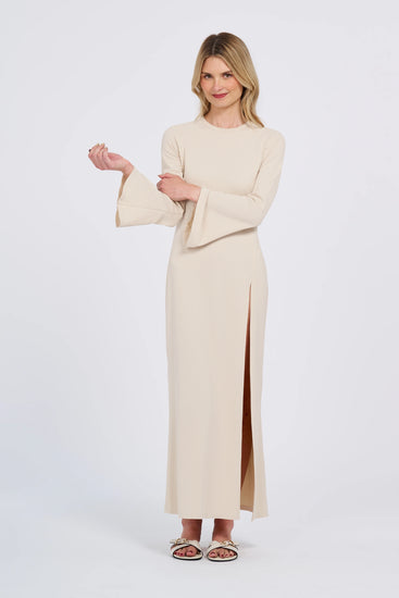 tan long sleeve midi dress LONG SLEEVE MESH LACE MIDI DRESS IN BEIGE